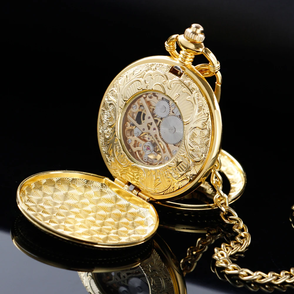 New Golden Red-Crowned Crane Sculpture Mechanical Pocket Watch Retro Hollow Case Simulated Skeleton Mens Mechanical Pocket Watch