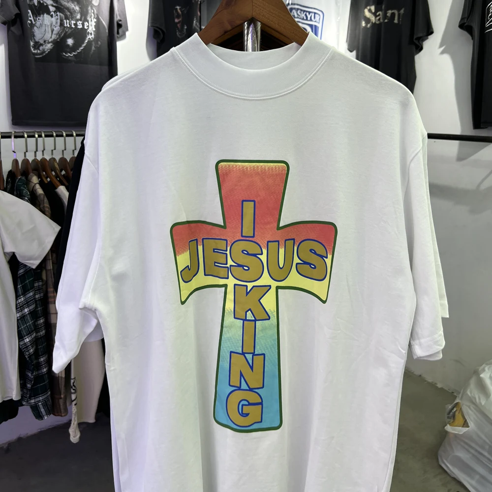 

Новая уличная одежда, модная свободная футболка большого размера с изображением Канье Уэста Иисуса короля, футболка для мужчин