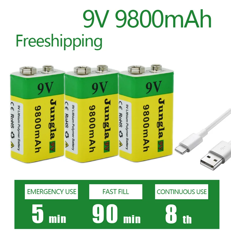 

9V Battery 9800mAh Li-ion Rechargeable Battery Micro USB Battery 9v Lithium for Multimeter Microphone Toy USB Charging Cable