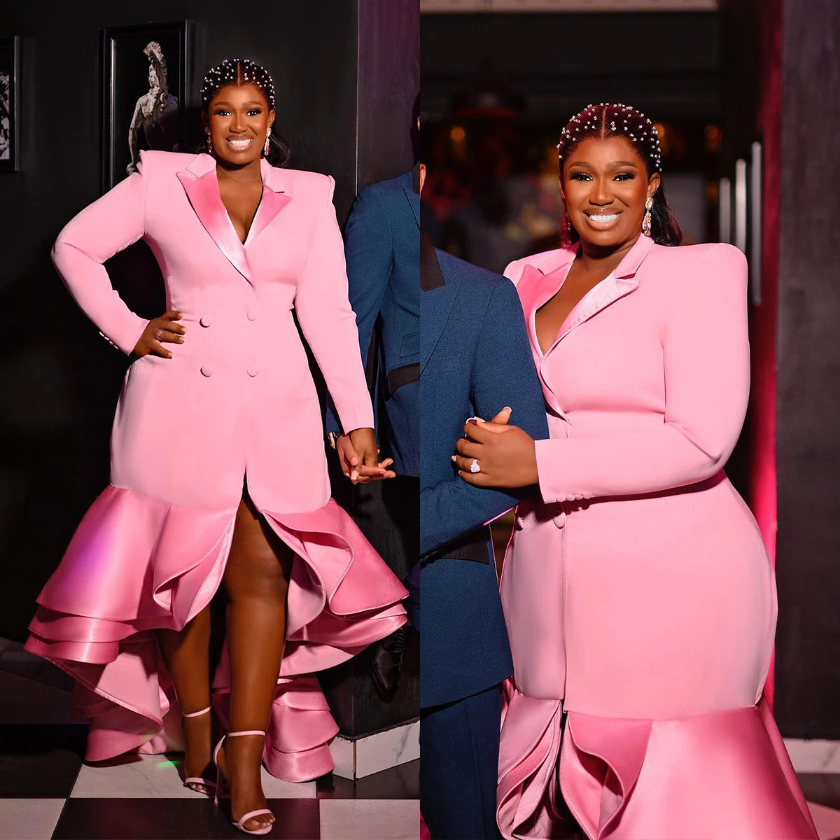 

Plus Size Women Evening Dress Custom Made Pink Ruffles Blazer Female Celebrity Show Wear Prom Suits1 Piece
