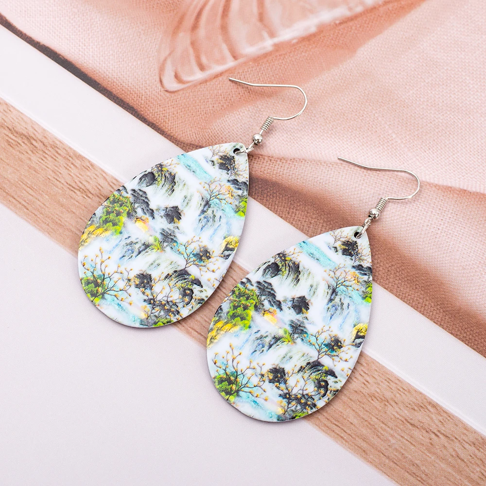 Новая мода водопад пейзаж Relievo печать акриловые висячие серьги модные для женщин