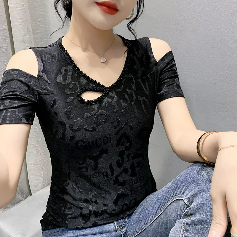 Женская эластичная жаккардовая футболка ажурный топ с коротким рукавом и