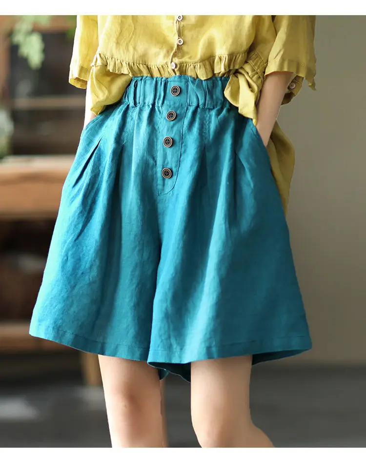 Summer Cotton and Linen Shorts Fashion Lady Buttons Solid Color Loose High Waist Shorts Casual Home Women's Medium Short Pants