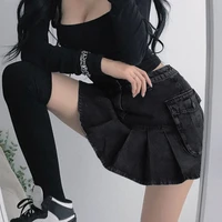 mall goth high waist jean skirts y2k aesthetics black denim pleated skirts with big pockets punk e girl outfits sexy bodycon new