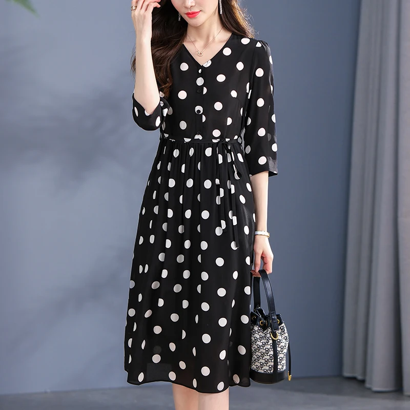 

Женское платье-миди в горошек, Черное длинное ТРАПЕЦИЕВИДНОЕ ПЛАТЬЕ ИЗ 2023 натурального шелка с V-образным вырезом, весна-лето 100%