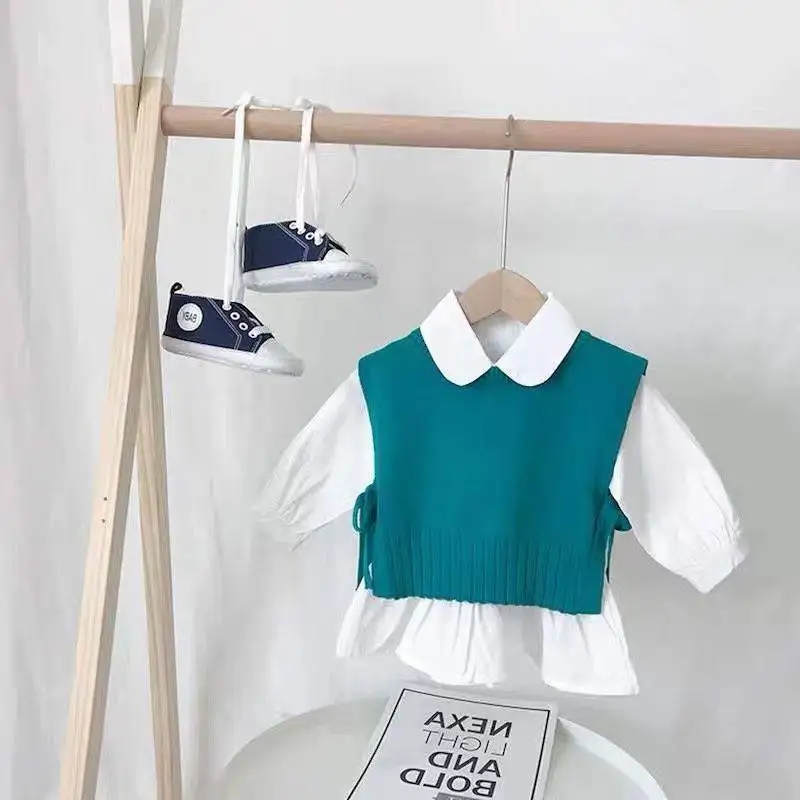 

New Spring And Autumn Knitted Vest Toddlers Solid Color O-Neck Ruffled Pullovers Cropped Waistcoat Sweaters Knitwear Tanks Tops