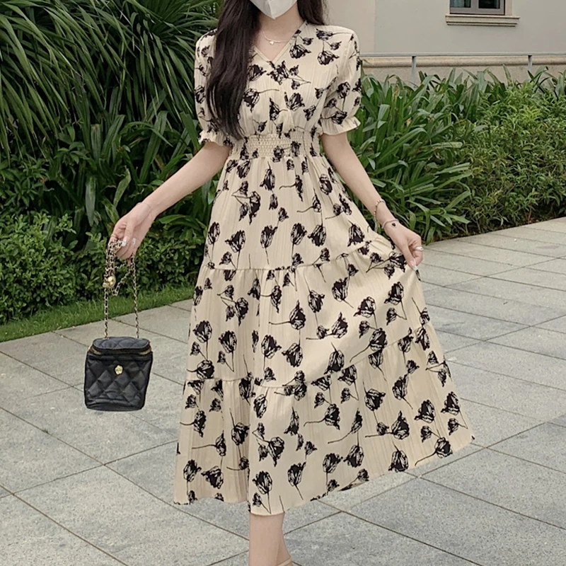 

Женское винтажное шифоновое платье, Элегантное Длинное платье с коротким рукавом-фонариком, V-образным вырезом, поясом на резинке и оборками, модель 26331 на лето