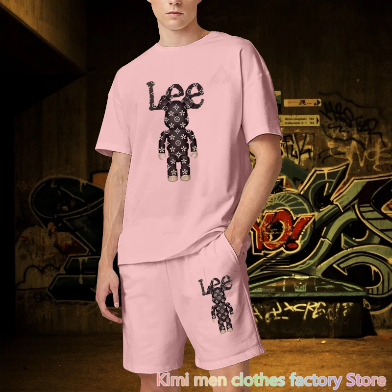 Cotton 2 pieces set Men Short Sleeve T-shirt Shorts Tracksuit Jogging suit Summer tshirt set Bear printing men Short Outfits set