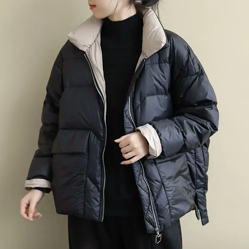 Down Jacket Women Winter Stand Collar Coat White Duck Down Warm Solid Down Coats Zipper New Pockets Outerwear Ladies M29