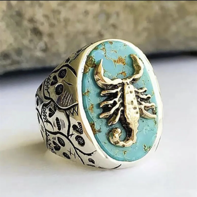 

Bohemia Vintage Stone Mosaic Ring Band Carved Skull Scorpio Animal Large Oval Ancient National Knuckle Women Men Ring Jewelry