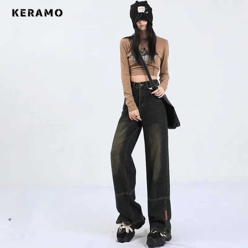 Винтажные синие прямые джинсовые брюки с высокой талией в уличном стиле осень 2023