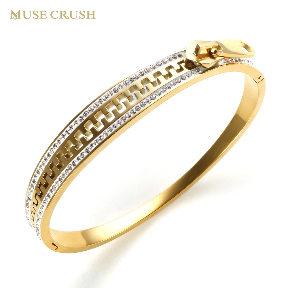 

Muse Crush Stainless Steel Romantic Zipper Design Jewelry Charm Bracelet Luxury Shiny CZ Crystal Bangle Wedding Jewelry