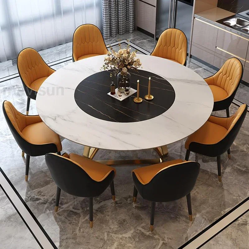 Легкий роскошный золотой обеденный стол круглый поворотный 1 2/1 5 м набор