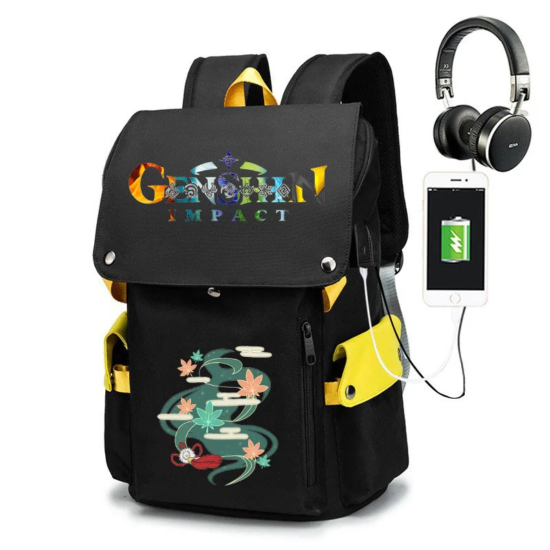 

Genshin Impact Teen Student School Bag Cartoon Print Backpack Black Kids Backpack Outdoor Travel Backpack Boys Girls Bag