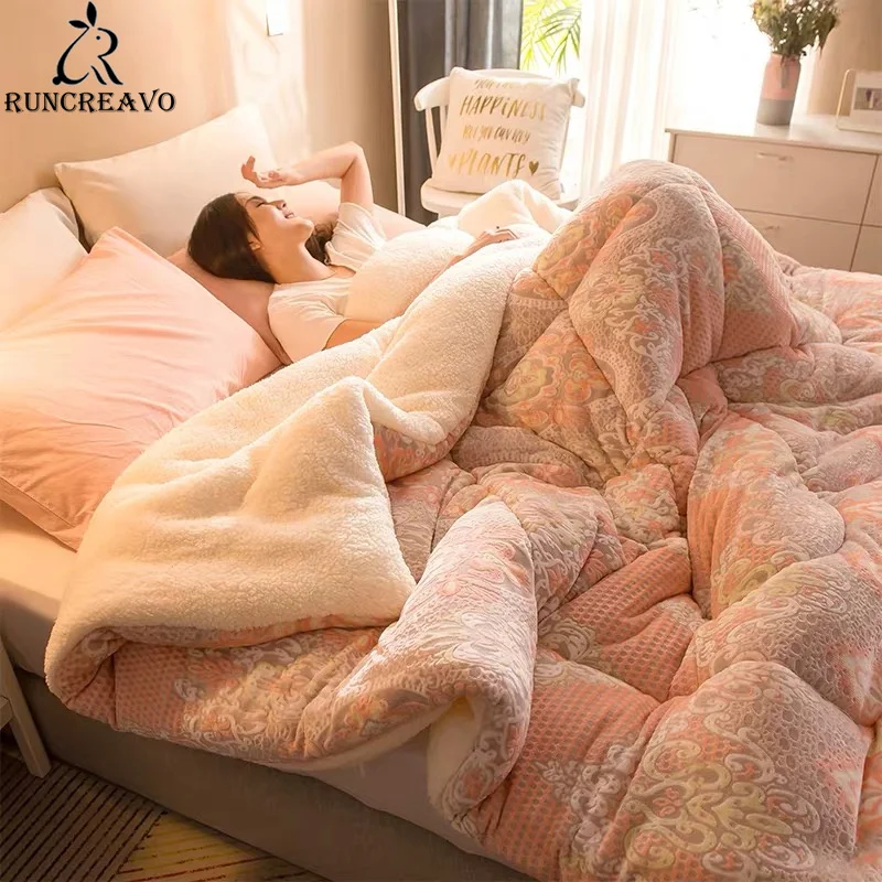 

Lamb Cashmere Winter Patchwork Thick Warm Soft Comfortable Quilts Duvet Bedroom Luxury Printed Blanket Quilted Bedding Comforter