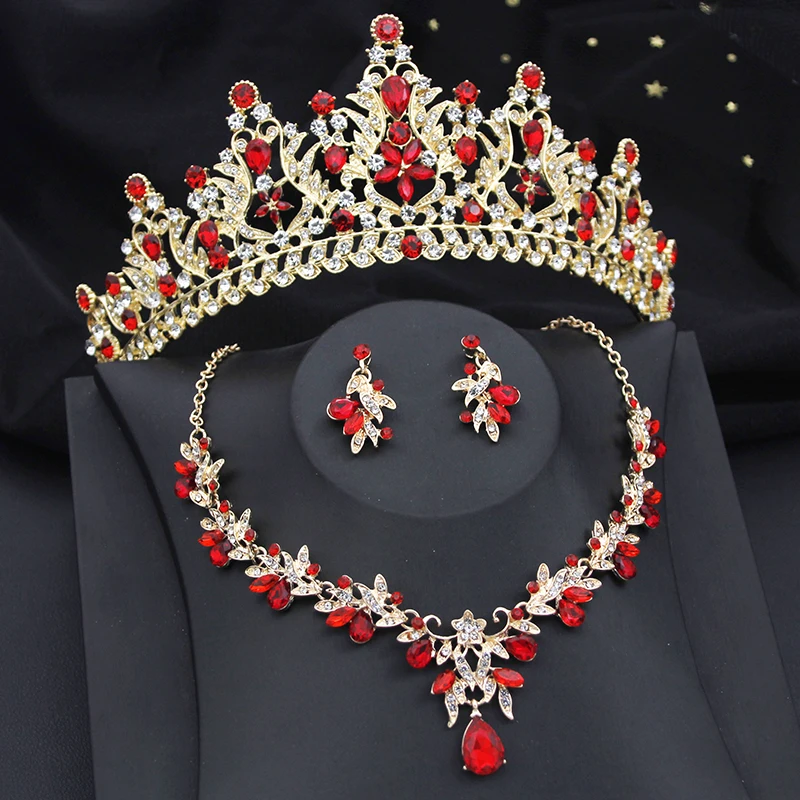 

Gold Colors Red Crown Jewelry Sets for Girls Pink Tiaras and Necklace Earrings Party Prom Wedding Jewelry Set Bridal Accessory