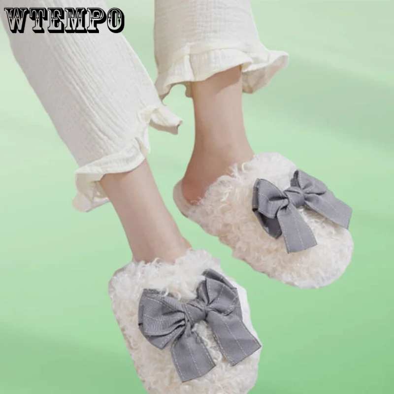 WTEMPO Winter Cotton Slippers Bow Tie Cute Thick Bottom Student Slippers Female Home Plush Anti-slip Warm Shoes Wholesale