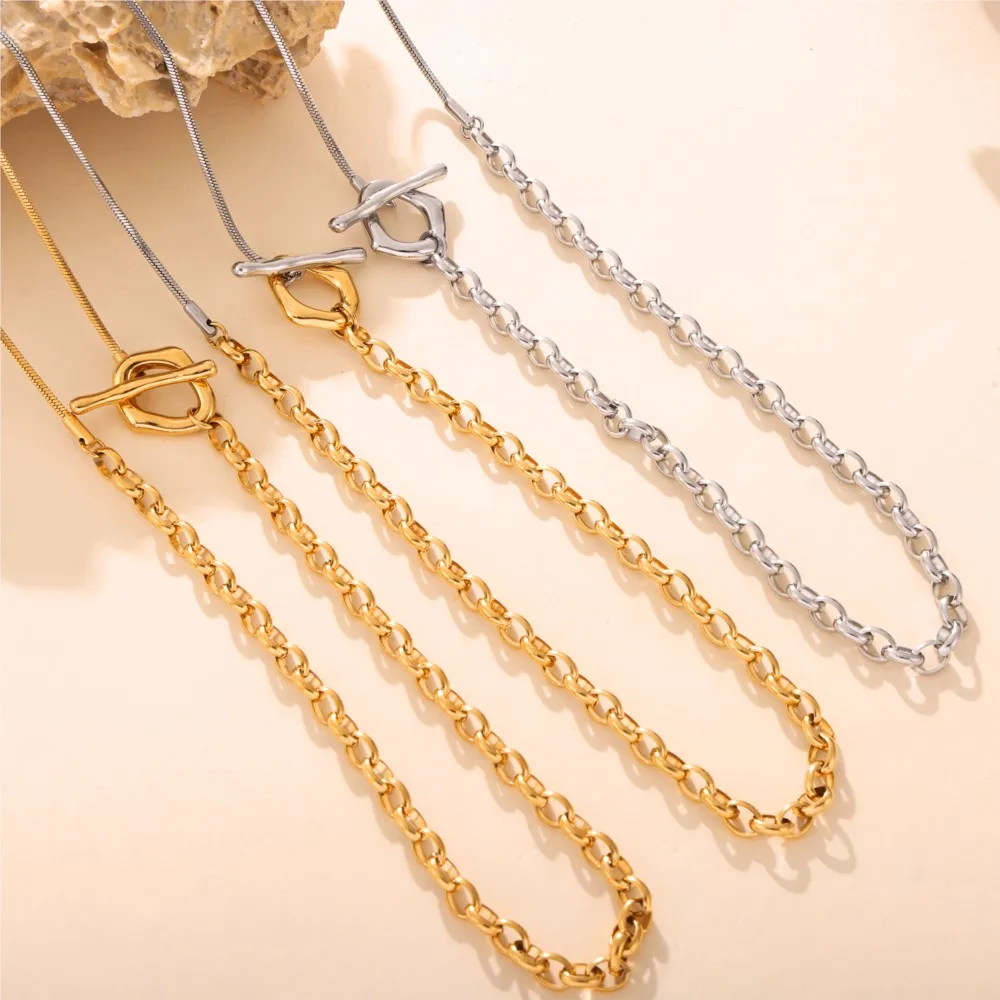 Двухцветное длинное ожерелье из нержавеющей стали с пряжкой OT для женщин