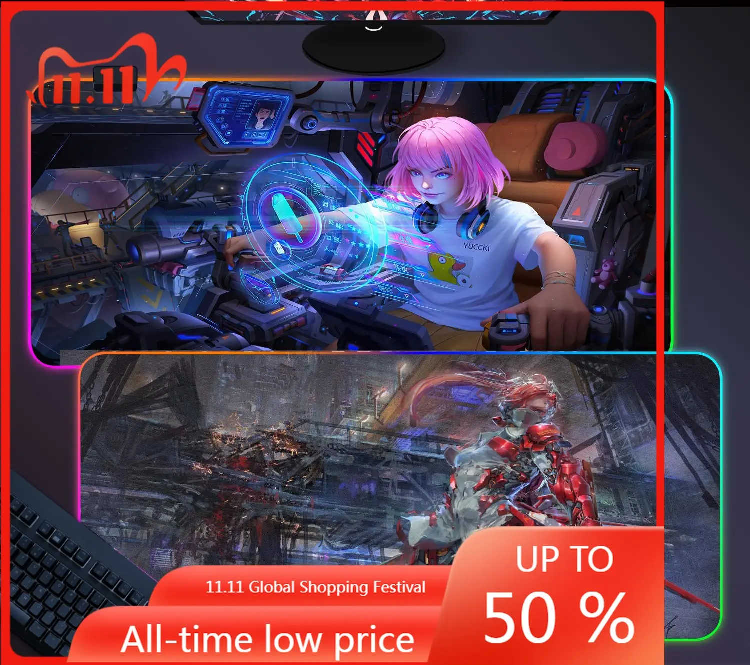 

Mecha girl RGB Lighted MousemadMouse Pad Large Waterproof Mousepad Gaming Accessoroes Laptop Gamer Keyboard Desk Mat ins game