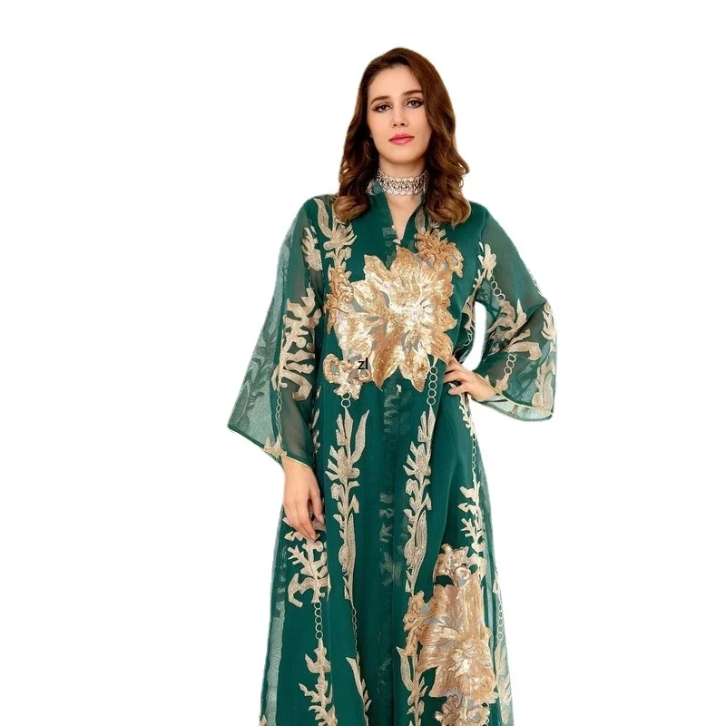 

Eid Light Luxury Sequins Embroidery Party Dress For Women Moroccan Caftan Turkey Arabic Jalabiya Islamic Ethnic Abaya Green 2022