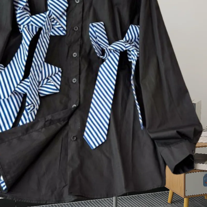 Женская черная свободная полосатая блузка из полиэстера