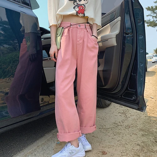 

Fashion New High Waist Slimming Loose Butt Buckle Loose Straight Pink Casual Denim Trousers Ladies Korean Wide-leg Women Pants