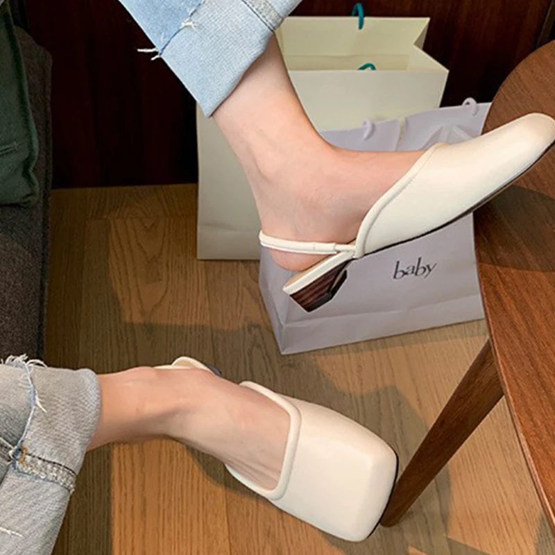 

2022 Flat Sandals Women Summer Square Toe Back Strp Soild PU Casual Footwear Sandalias Mujer Verano Slip-on Shallow Heel Shoes