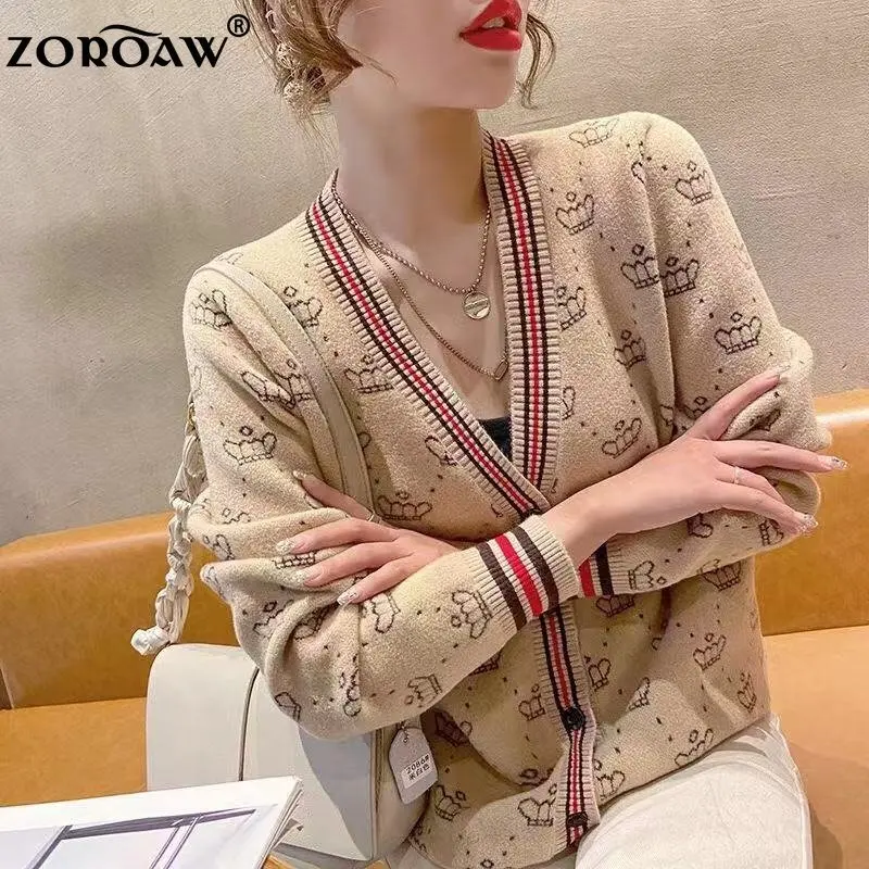 

Женский трикотажный кардиган контрастных цветов, тонкий свитер в полоску с короной, V-образным вырезом, пуговицами и длинными рукавами, женская одежда оптом