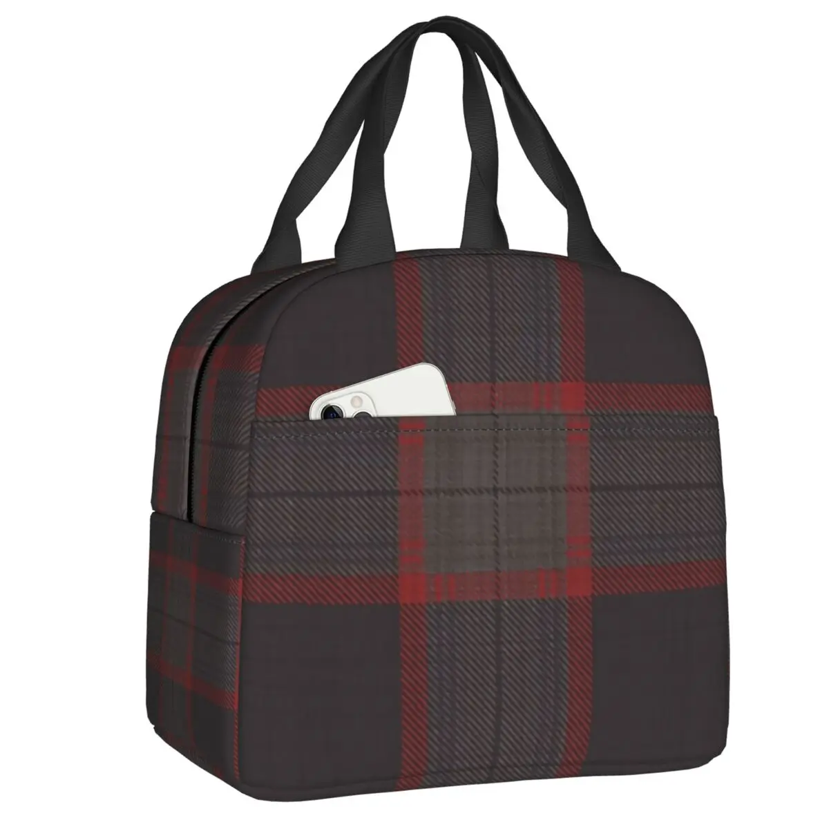

Hannibal TV Show Fan Art Insulated Lunch Bag Cranberry Red and Warm Gray Plaid Resuable Thermal Cooler Lunch Box Women Children