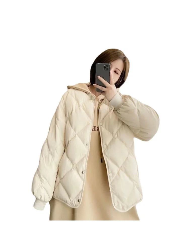 2022 Winter Small Fragrant Wind Round Neck Diamond Lattice Cotton-padded Jacket Female Korean Small Light Casual Coat Female