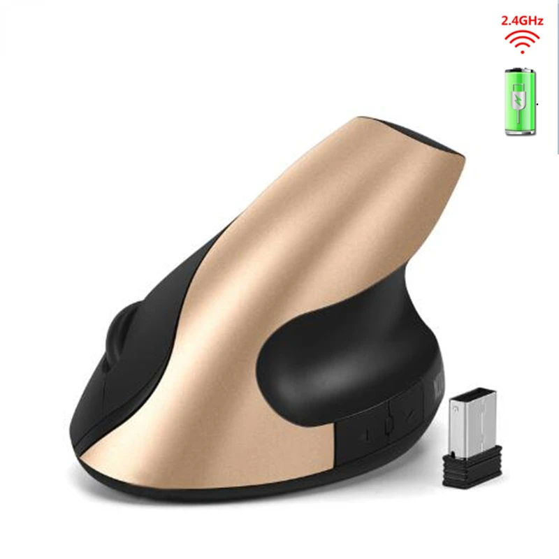 

Comb Rechargeable Ergonomics Mouse 2.4G Wireless Vertical 6 Buttons 1600DPI Adjust Battery Mouse for Laptop PC Black Gold