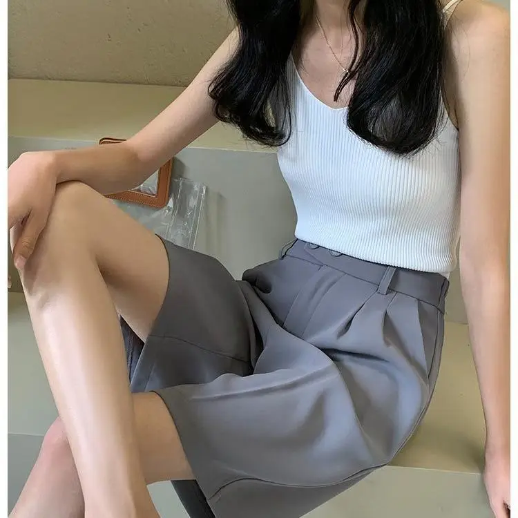 Suit Shorts Women Loose Wide Leg High Waist with Zipper Button Pockets Ladies Summer Shorts Casual Loose Short Trousers W60