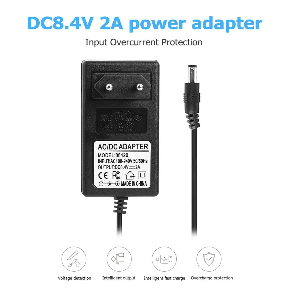 

DC 8.4V 1A/4.2V 1A/21V 2A/16.8V 1A/8.4V 2A 18650 Lithium Battery Charger Adapters DC5.5*2.1mm Plug Power Charging Adapter