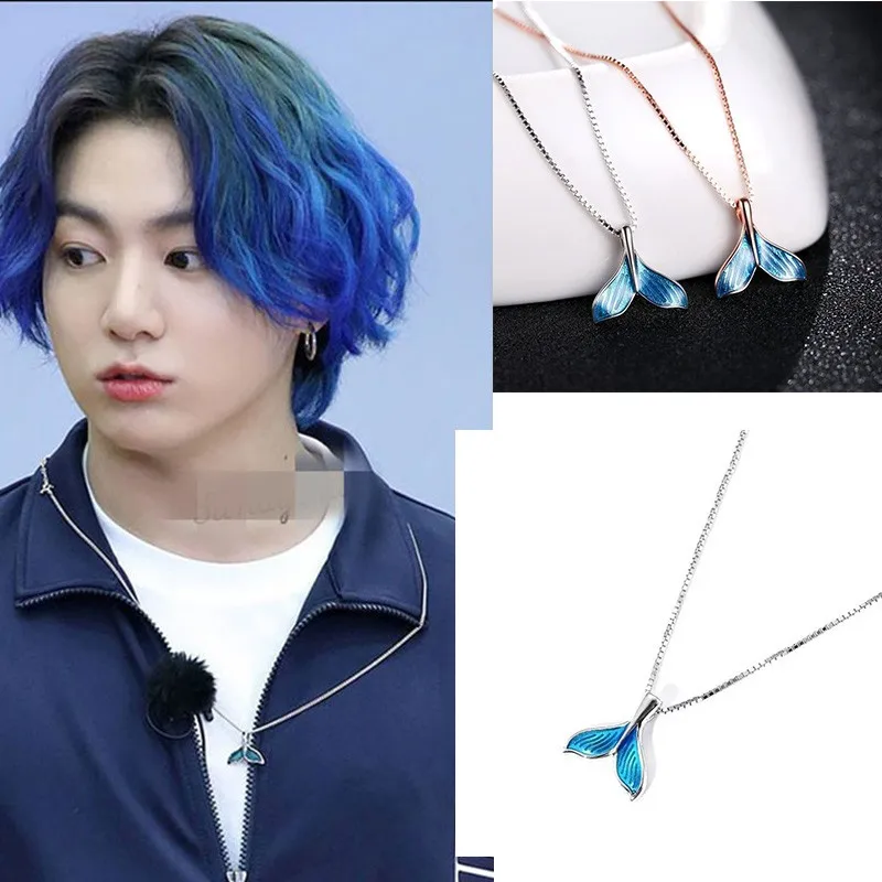 

Kpop Blue Dolphin Tail Necklace Bangtan Boys Jungkook Long Chain Choker Necklace Men Women Jewelry Collier Korean Accessory