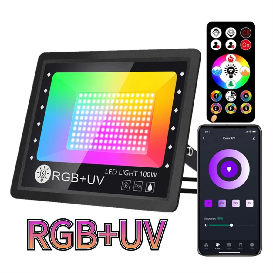 

Tuya Smart RGB+UV LED Floodlight IP66 APP Control RGB LED Floodlight Spotlight 30W 60W 100W Outdoor Ultraviolet UV Black Light