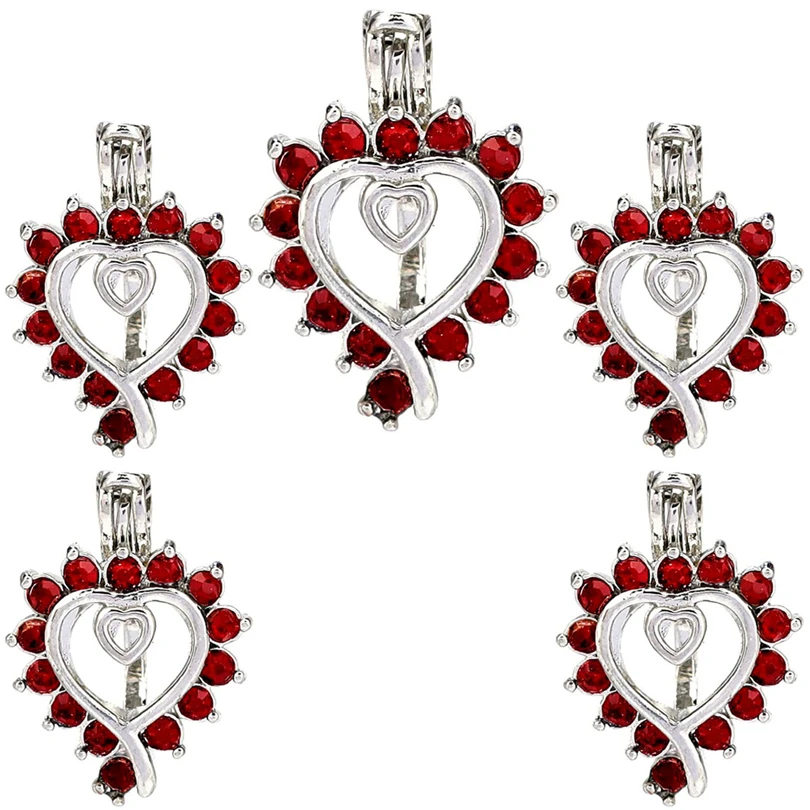 

10PCS Love Heart Rhinestone Charms Pearl Cage Locket Aromatherapy Diffuser Pendant For Gift Necklace Keychain Jewelry Making