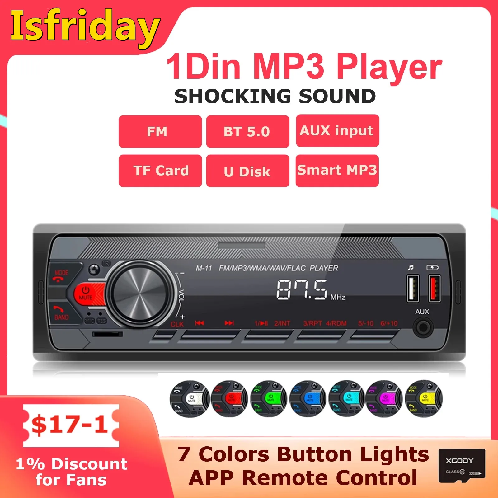 

Автомагнитола 1 Din с MP3-плеером, мультимедийный плеер с цветными кнопками, Bluetooth, FM, AUX, USB, с дистанционным управлением через приложение