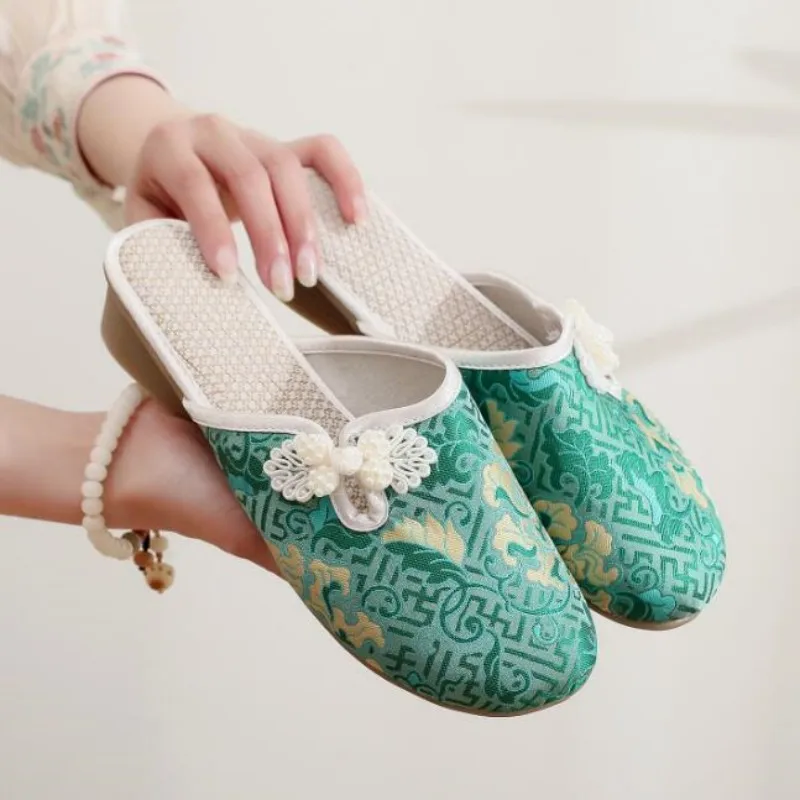 Женские парусиновые сабо с вышивкой винтажные шлепанцы на среднем каблуке