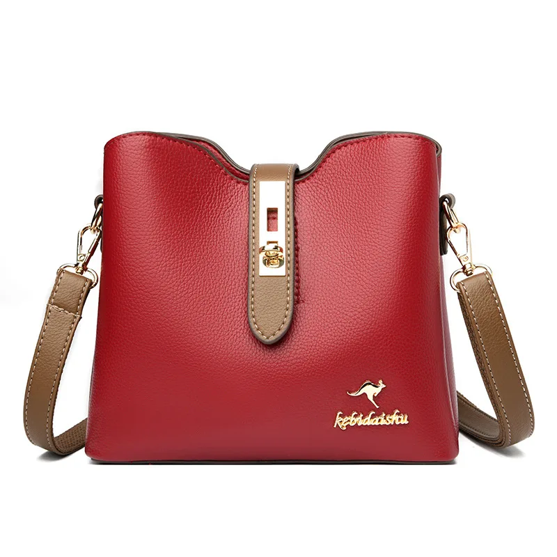 

Cowhide Luxury Shoulder Bag Woman 2022 Brand Genuine Leather Messenger Bag Bucket Sandwich Zipper Anti-Theft Lock Female Bag