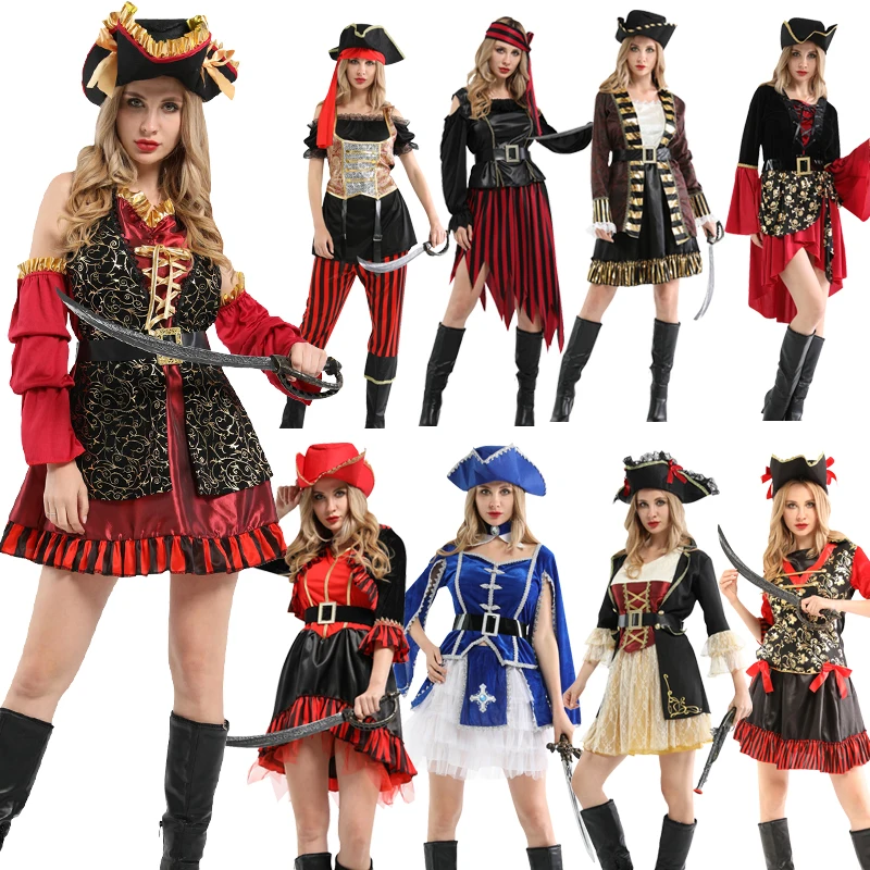 

Костюмы для косплея пиратов на Хэллоуин, Карибские Пираты с шляпой, головные уборы, Рождественский карнавал, яркое женское платье для взрослых без оружия