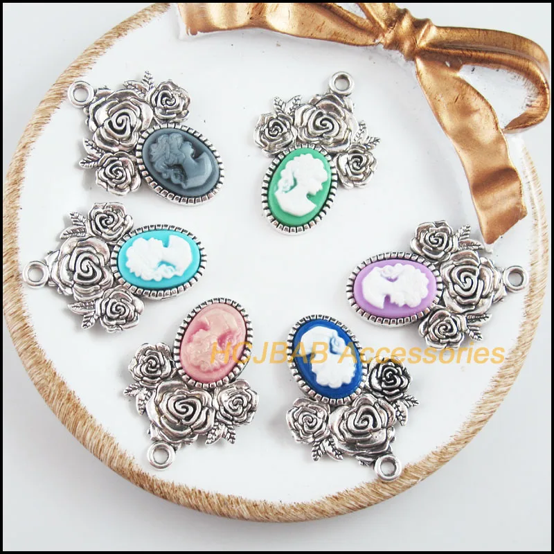 Модные новые 6 шт. тибетские посеребренные ретро овальные красивые смешанные Подвески из смолы 23x32 мм
