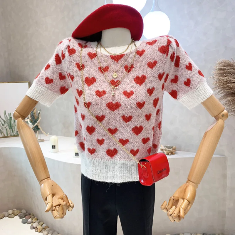 

Niche Design New Women's Clothing 2022 Spring Love Knitting Short Sleeved Top Pullover Round Neck Sweet Knit Shirt Sweater Top