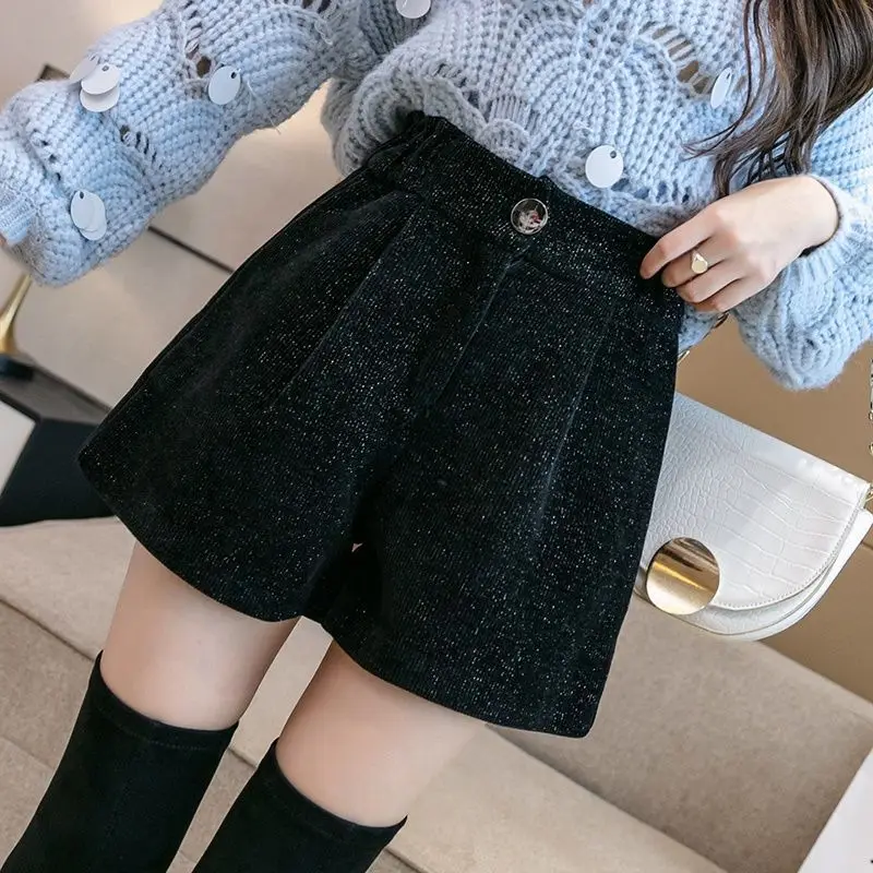 

Woman High-waist Tweed Short Pant Female A-line Wide-leg Casual Shorts Autumn Ladies Pockets Short Trousers Buttons Femme G89