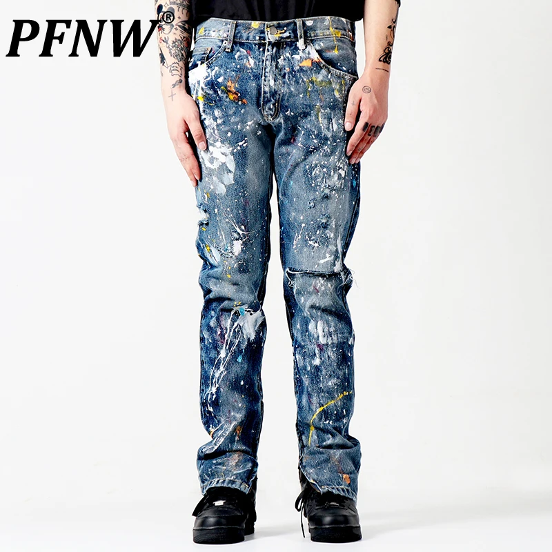 

Мужские джинсовые брюки PFNW, в стиле хип-хоп, с боковой молнией, с рисунком граффити, модные облегающие брюки, весна-осень, 12A7951