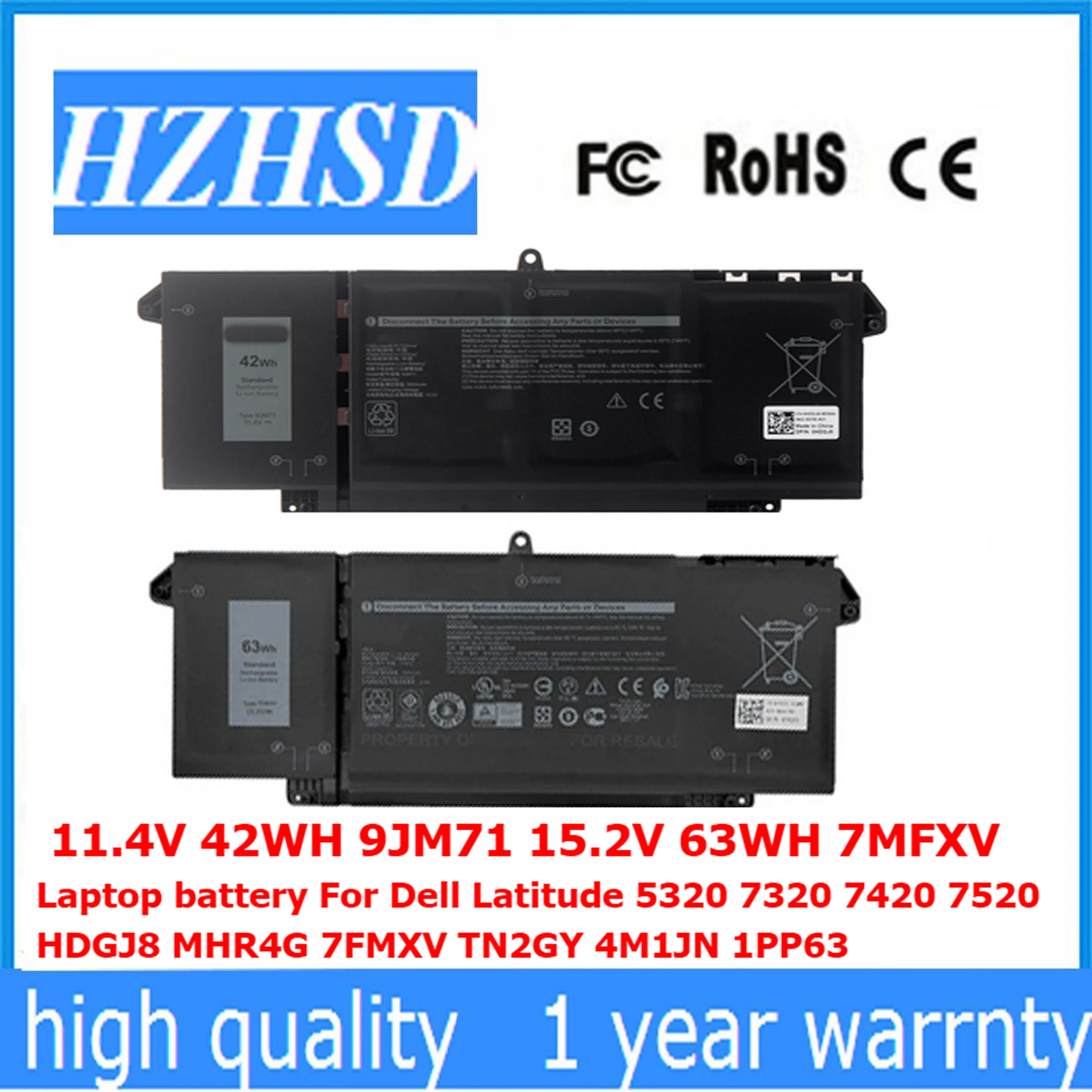 11.4V 42Wh 9Jm71 15.2V 63Wh 7Fmxv Batteria Del Computer Portatile Per Dell Latitude 5320 7320 7420 7520 Hdgj8 Mhr4G 7Fmxv Tn2Gy 4M1Jn 1Pp63