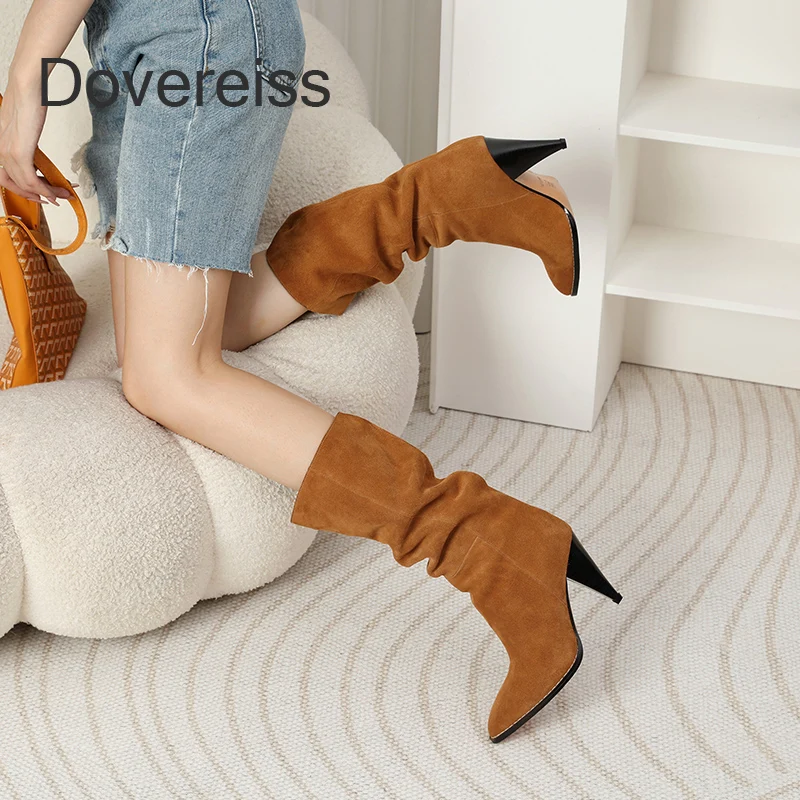 

Dovereiss 2022 Fashion Women Shoes Winter New Sexy Brown Genuine Leather Pointed Toe Half boots Concise Mature New Big Size40 41