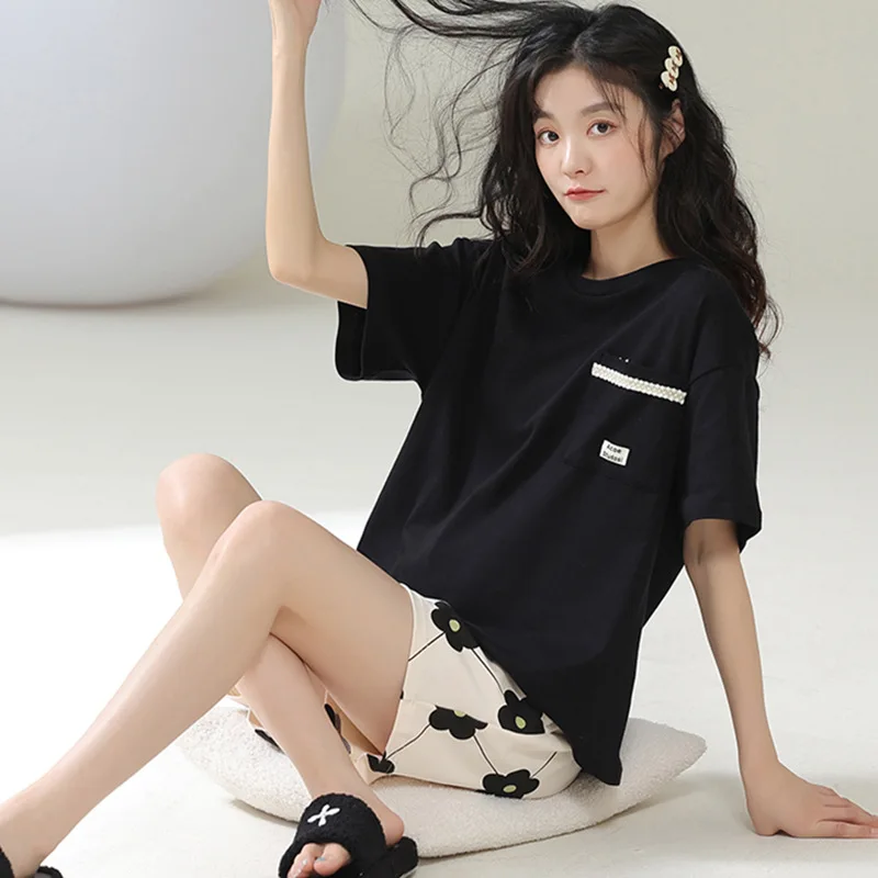 Pajamas Women's Summer Cotton Short-sleeved Shorts In Style Sweet Temperament Girl's Home Service Suit Round Neck Soft Sleepwear