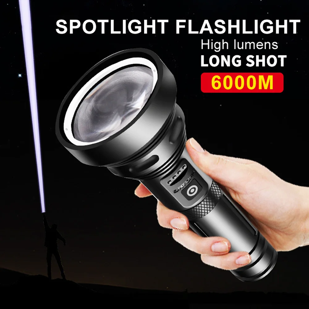 

6000M Super Long Distance LED Flashlight with Large Convex Lens Waterproof Aluminum Alloy Portable Spotlights for Camp Hiking