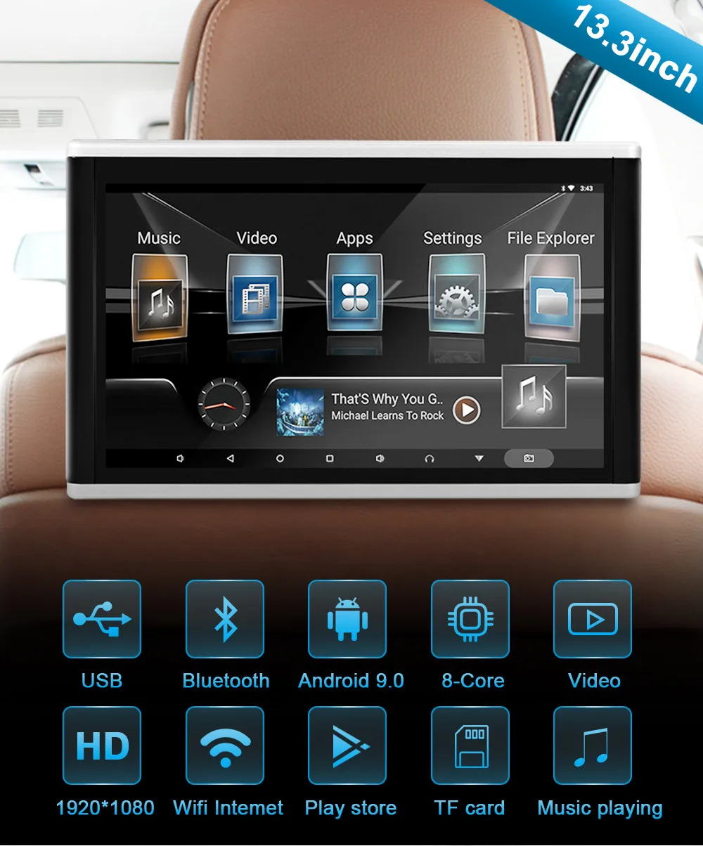 

13.3 Inch Android 9.0 Headrest Car Display Parts 4K MP5 2+32G Monitors 1080P Video WIFI Bluetooth HDMI Airplay Tablet Multimedia
