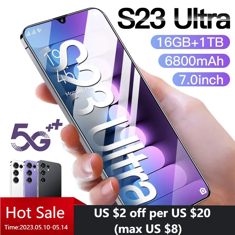 

2023 Global Version S23 Ultra Smartphone 7.0 Inch Smartphone 5G 16G+1T Mobile Phone 48MP+72MP Fingerprint ID Dual Sim Cell Phone